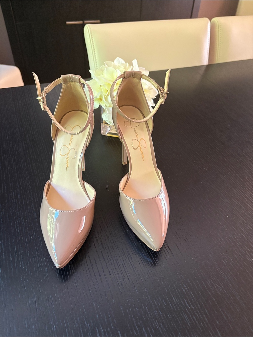 Jessica Simpson Blush Patent Pointed-Toe Ankle-Strap Heels